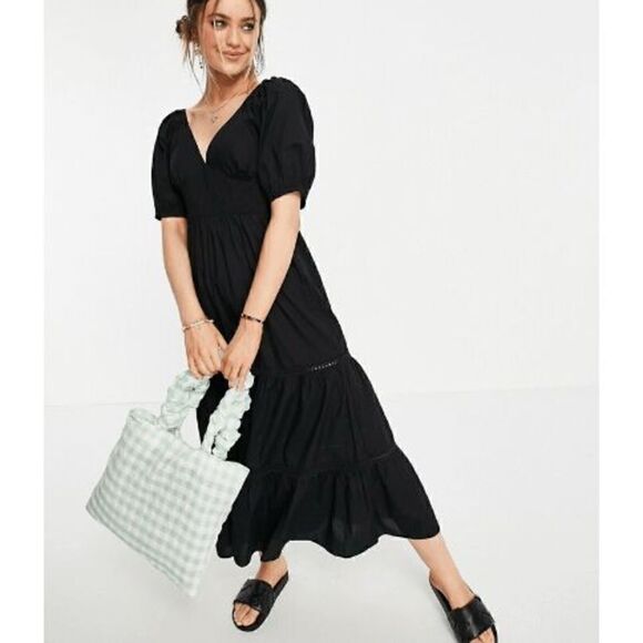 ASOS DESIGN shirred waist broderie insert maxi dress in Black US 6 - Picture 2 of 7